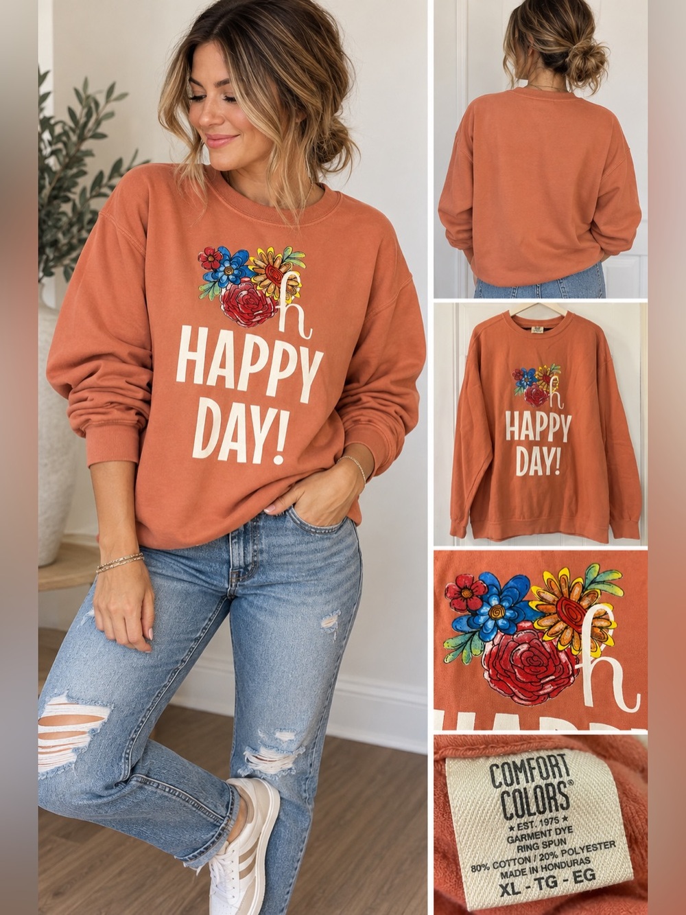 Happiest Tees on Earth Oh Happy Day Floral Sweatshirt XL Terracotta